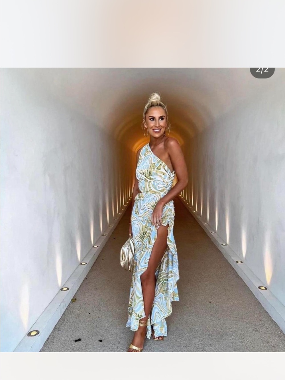 One-Shoulder Blue & Gold Swirl Maxi Dress with Side Slit